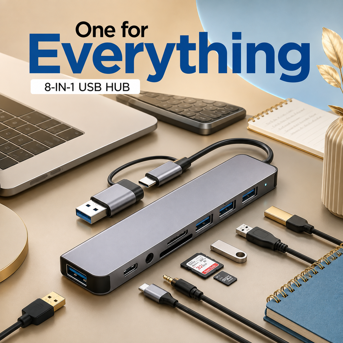8-in-1 USB Type-C Multiport Hub with USB 3.0, HDMI, SD &amp; TF Card Reader and PD Charging Adapter for Laptop &amp; MacBook
