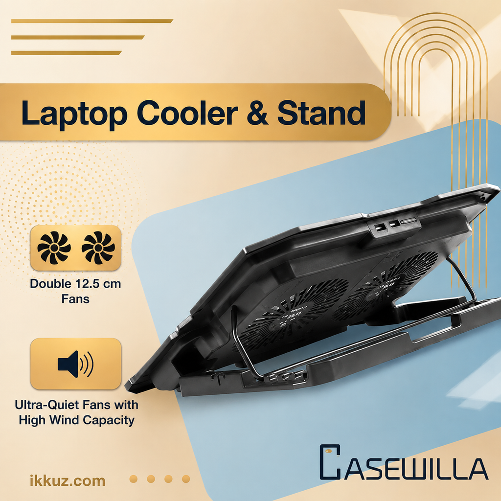 Adjustable Laptop Cooling Stand with Dual Fans &amp; 2 USB Ports – Black