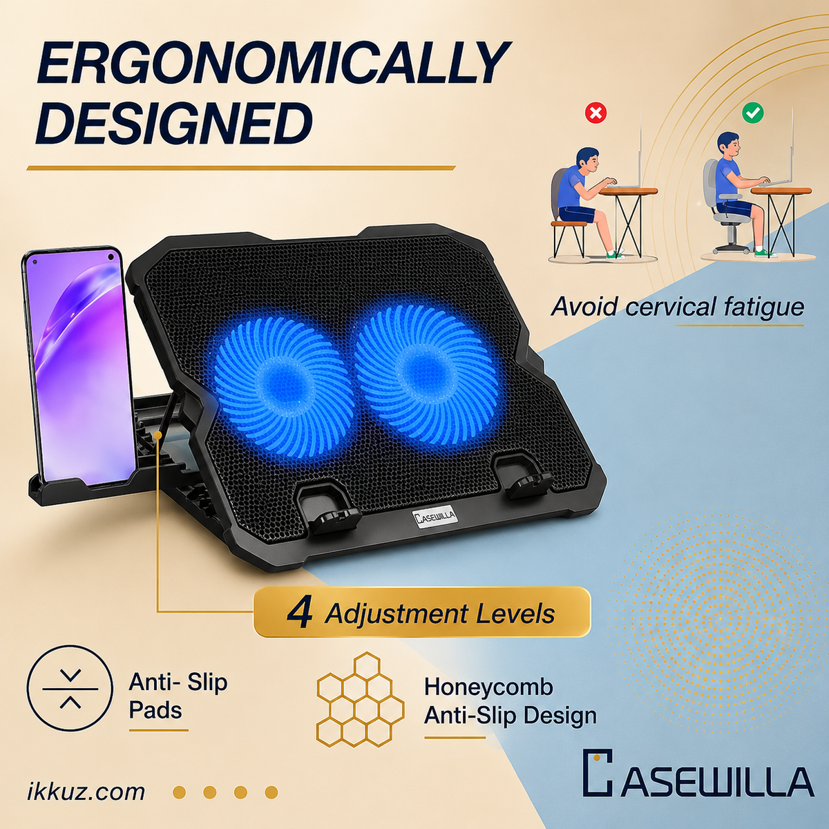 Adjustable Laptop Cooling Stand with Dual Fans &amp; 2 USB Ports – Black