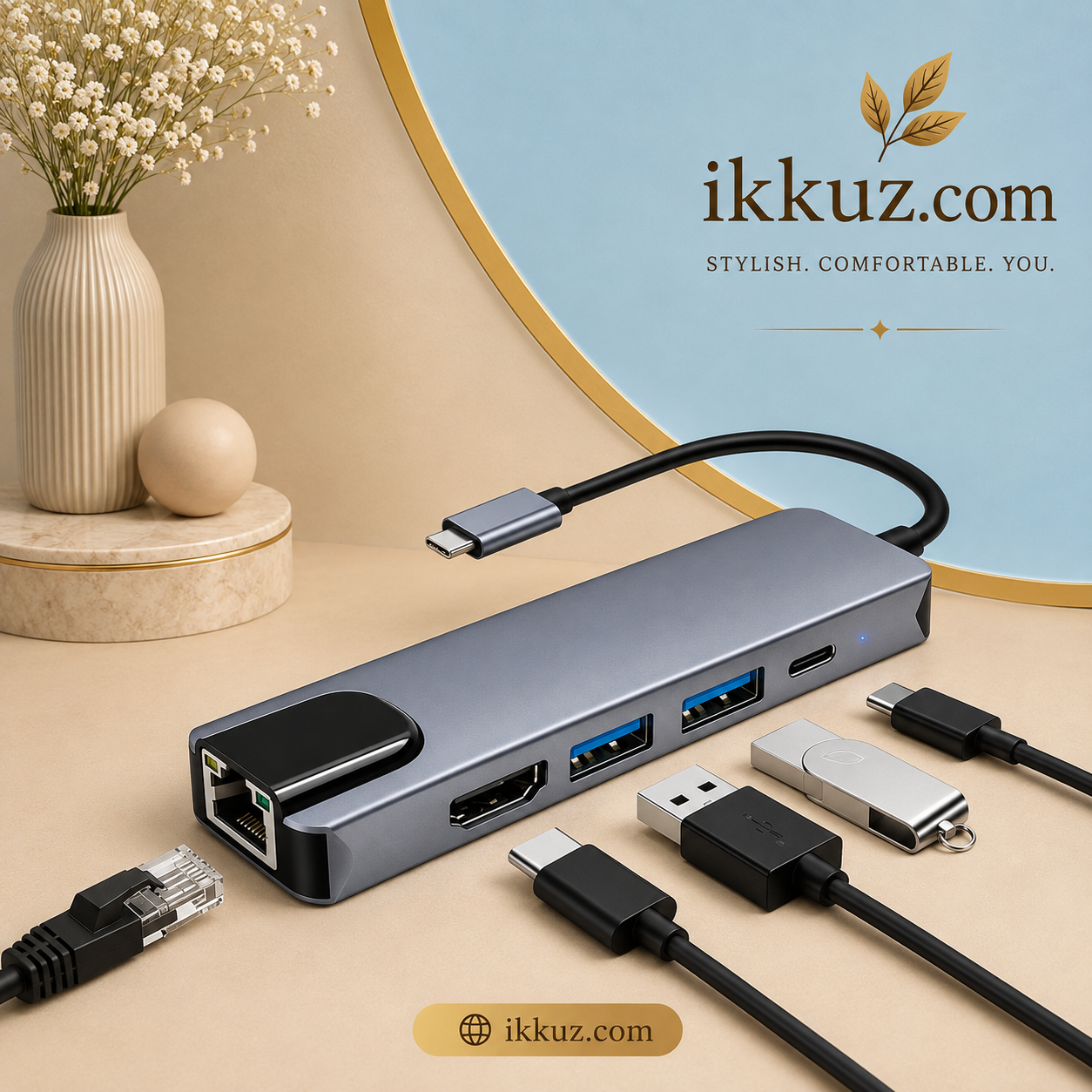 5-in-1 USB Type-C Hub with 4K HDMI, Dual USB 3.0, RJ45 Gigabit Ethernet &amp; Type-C PD – Grey
