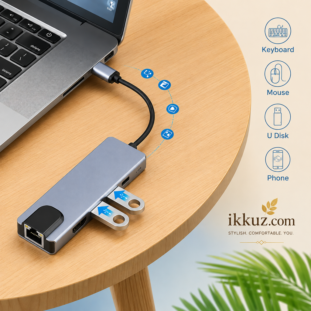 5-in-1 USB Type-C Hub with 4K HDMI, Dual USB 3.0, RJ45 Gigabit Ethernet &amp; Type-C PD – Grey