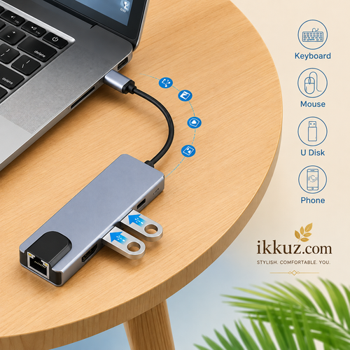 5-in-1 USB Type-C Hub with 4K HDMI, Dual USB 3.0, RJ45 Gigabit Ethernet &amp; Type-C PD – Grey