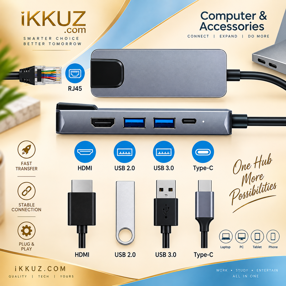 5-in-1 USB Type-C Hub with 4K HDMI, Dual USB 3.0, RJ45 Gigabit Ethernet &amp; Type-C PD – Grey