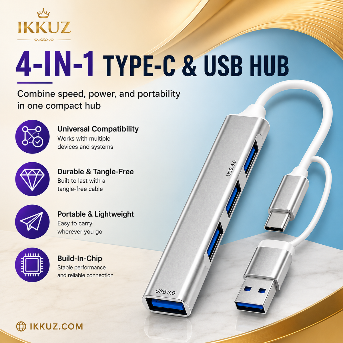 UniWave 4-Port USB 3.0 Hub with USB-A &amp; Type-C Connector