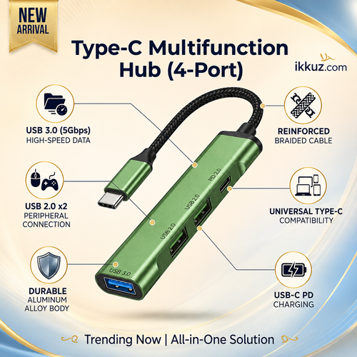 4-Port Type-C Multifunction USB Hub with USB 3.0 &amp; PD Charging – Premium Aluminum Docking Station