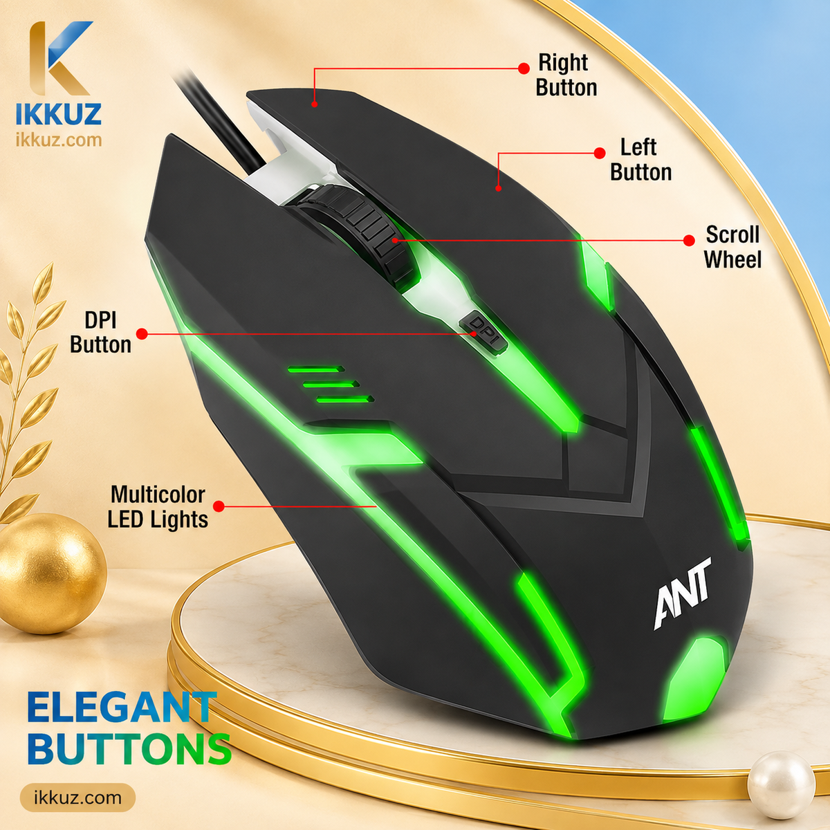 ANT Wired RGB Gaming Mouse – 2400 DPI Optical Sensor | 4 Durable Buttons | Ergonomic Design | Multicolour Backlight | Black