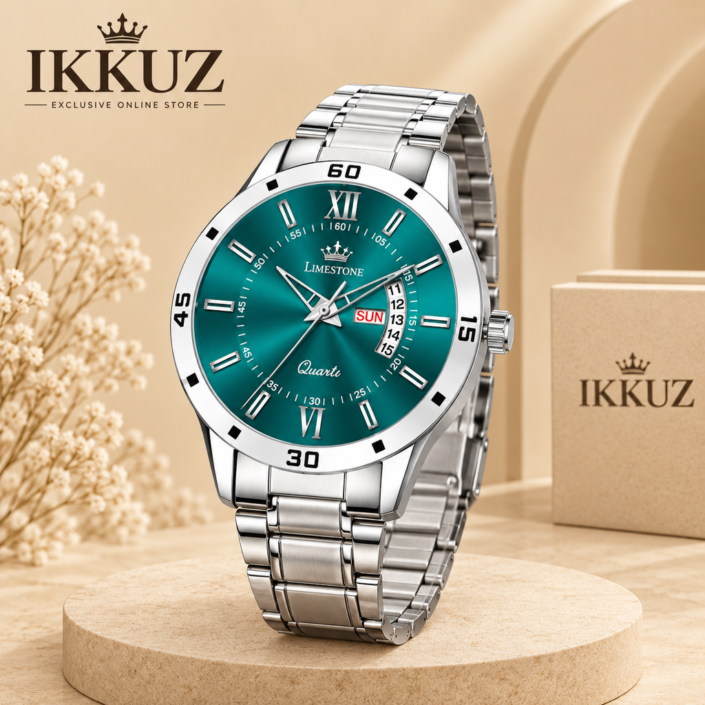 Exclusive LIMESTONE LS3225 Olive Green Dial Stainless Steel Quartz Analog Watch for Men | Day &amp; Date | Water Resistant