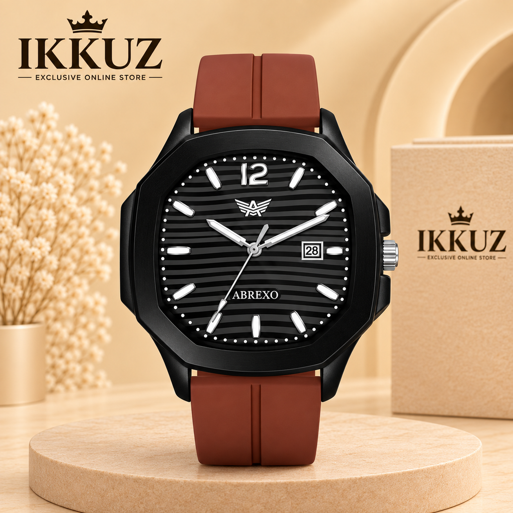 Exclusive ABREXO ABX6700 Black 3D Dial Analog Watch for Men | Brown Silicon Strap | Date Display | Quartz Movement