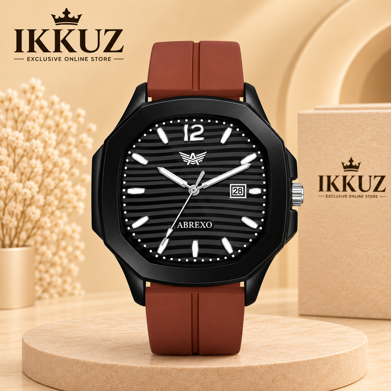 Exclusive ABREXO ABX6700 Black 3D Dial Analog Watch for Men | Brown Silicon Strap | Date Display | Quartz Movement