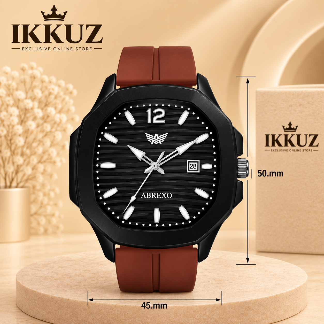 Exclusive ABREXO ABX6700 Black 3D Dial Analog Watch for Men | Brown Silicon Strap | Date Display | Quartz Movement