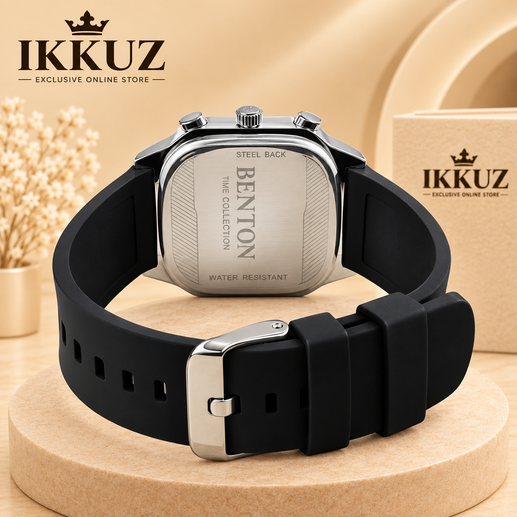 Benton Shadow Square Analog Watch for Men | Black Silicon Strap | Quartz Movement