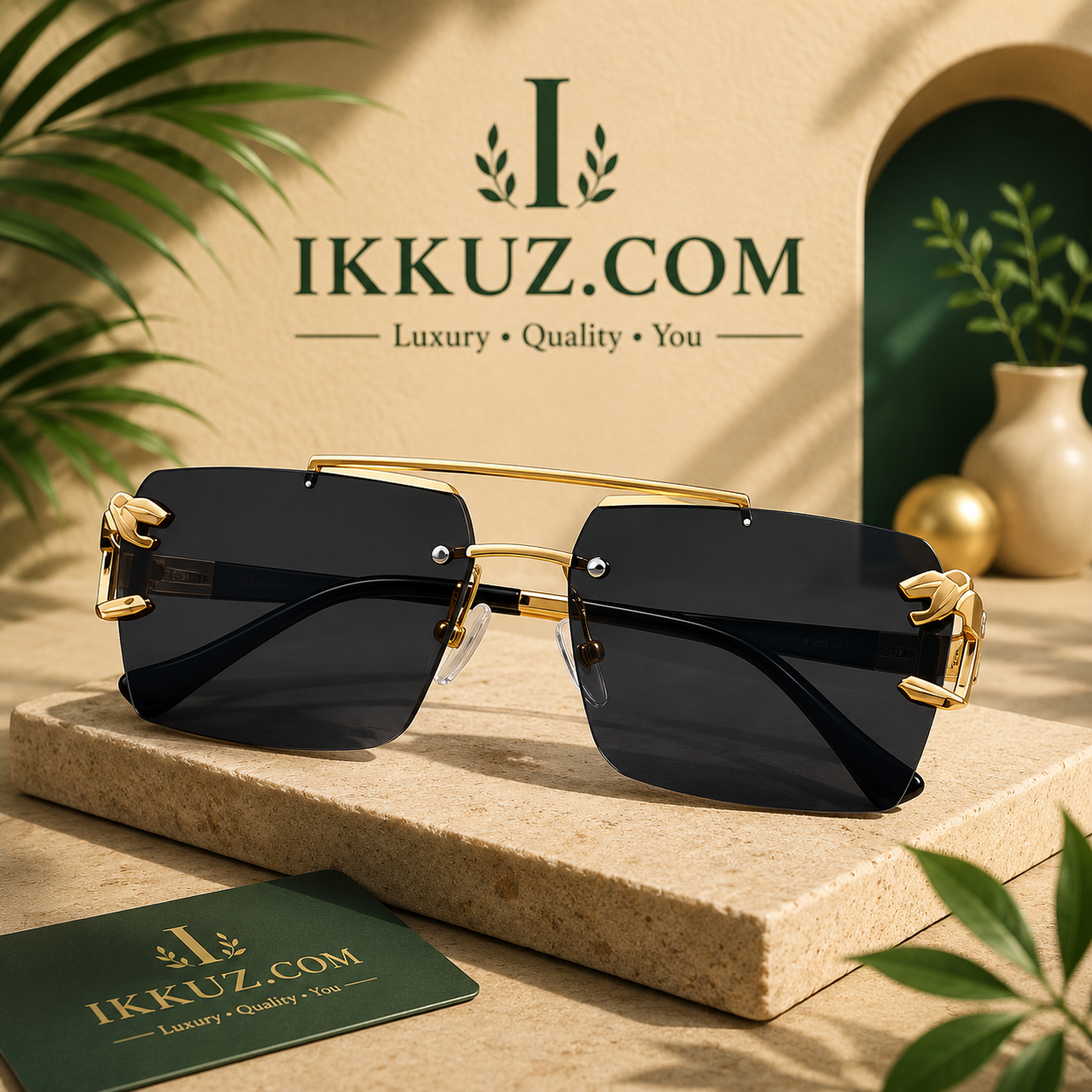 Royale Edge™ – Luxury Rimless Rectangular UV400 Sunglasses | Black Lens &amp; Gold Metal Frame | Premium Unisex Fashion Eyewear