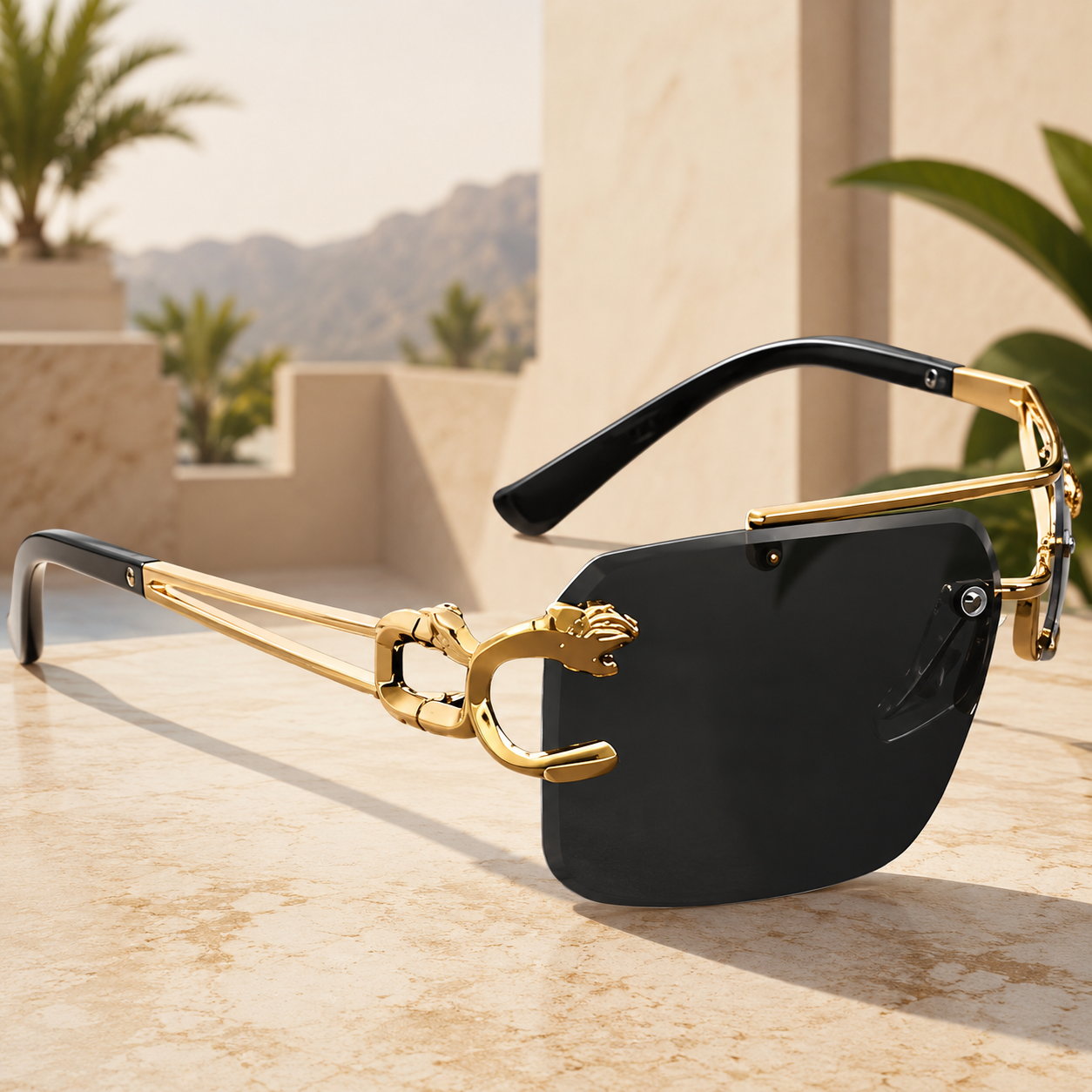 Royale Edge™ – Luxury Rimless Rectangular UV400 Sunglasses | Black Lens &amp; Gold Metal Frame | Premium Unisex Fashion Eyewear