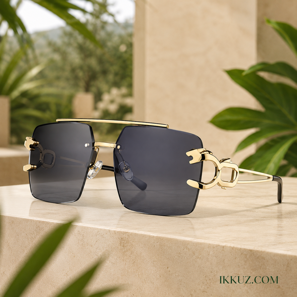 Royale Edge™ – Luxury Rimless Rectangular UV400 Sunglasses | Black Lens &amp; Gold Metal Frame | Premium Unisex Fashion Eyewear