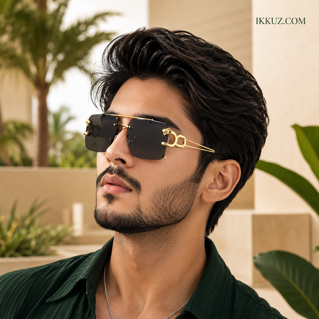 Royale Edge™ – Luxury Rimless Rectangular UV400 Sunglasses | Black Lens &amp; Gold Metal Frame | Premium Unisex Fashion Eyewear