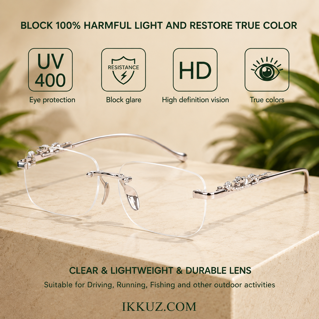 Crystal Edge™ – Premium Rimless Square UV400 Sunglasses | Silver Metal Frame &amp; Clear Lens | Luxury Unisex Eyewear