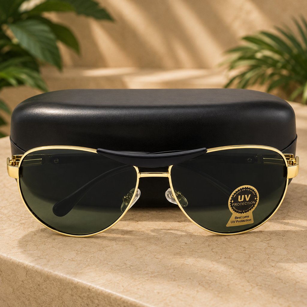 UV Protection Aviator Sunglasses (58) for Men &amp; Women | Green Lens | Gold Metal Frame
