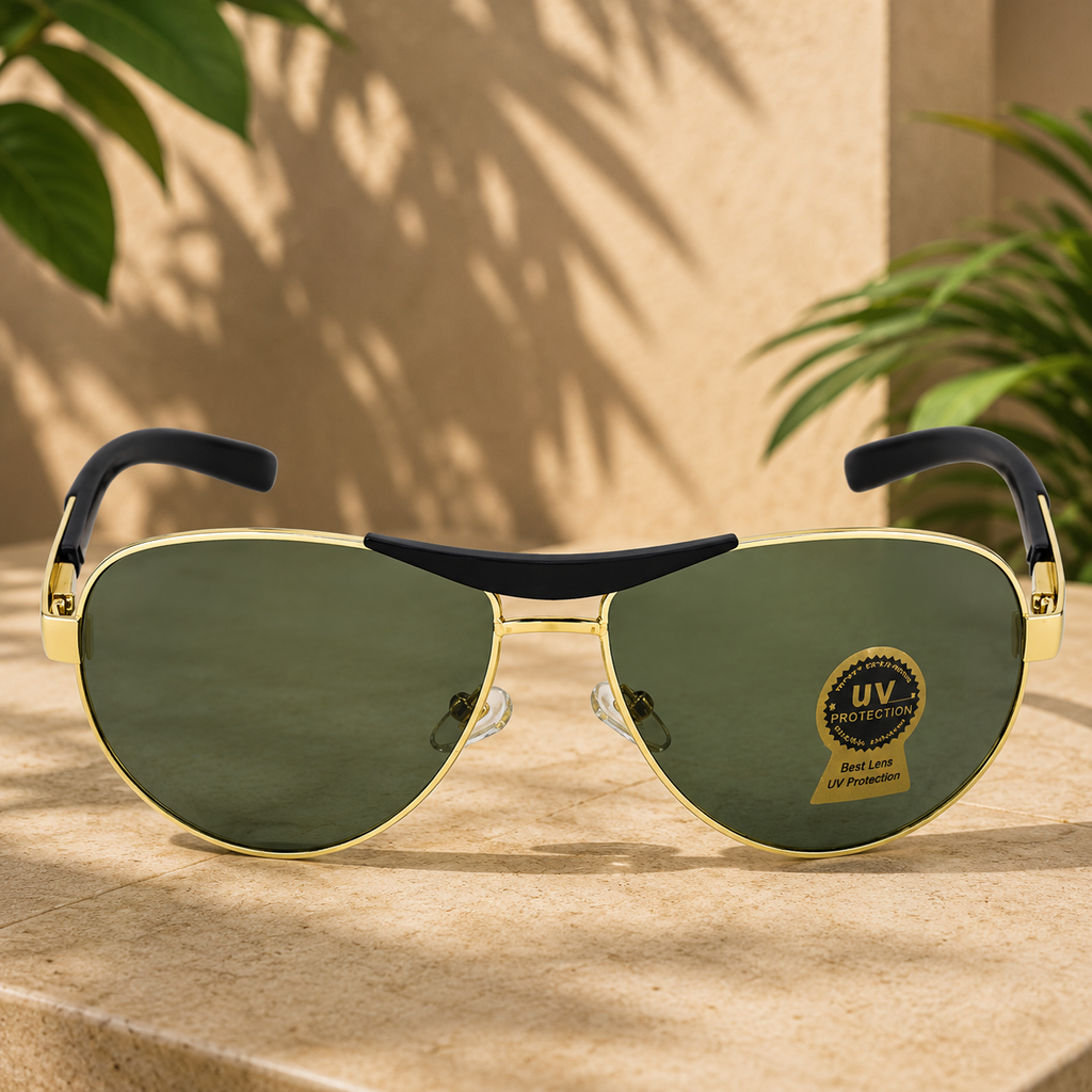 UV Protection Aviator Sunglasses (58) for Men &amp; Women | Green Lens | Gold Metal Frame