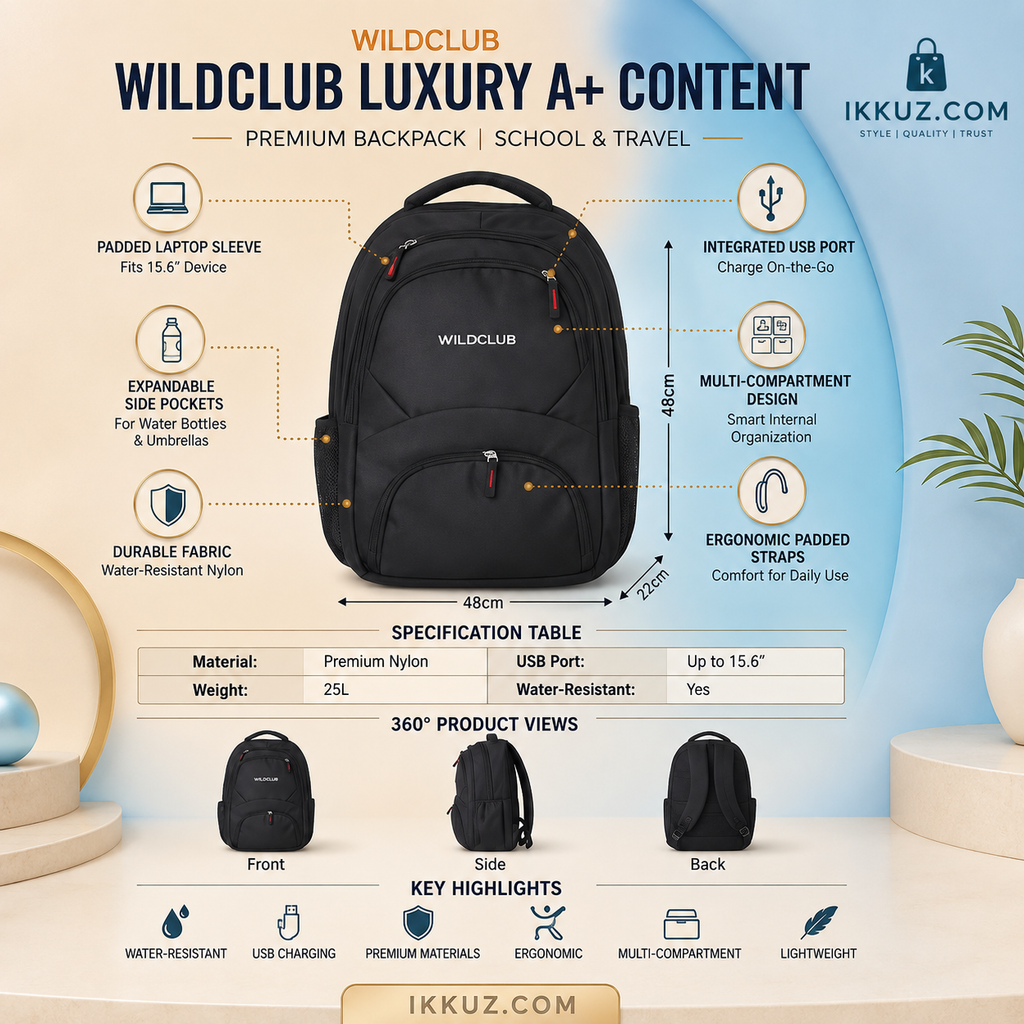 Wildclub UrbanPro 25L Premium Laptop Backpack | Water-Resistant Business, College &amp; Travel Backpack | USB Charging Port | 15.6" Laptop Bag for Men &amp; Women | Black