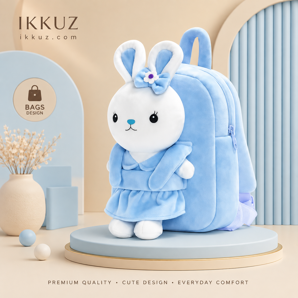 Premium Plush Bunny Kids Backpack – Soft Velvet School Bag for Toddlers, Nursery &amp; Preschool (Sky Blue)