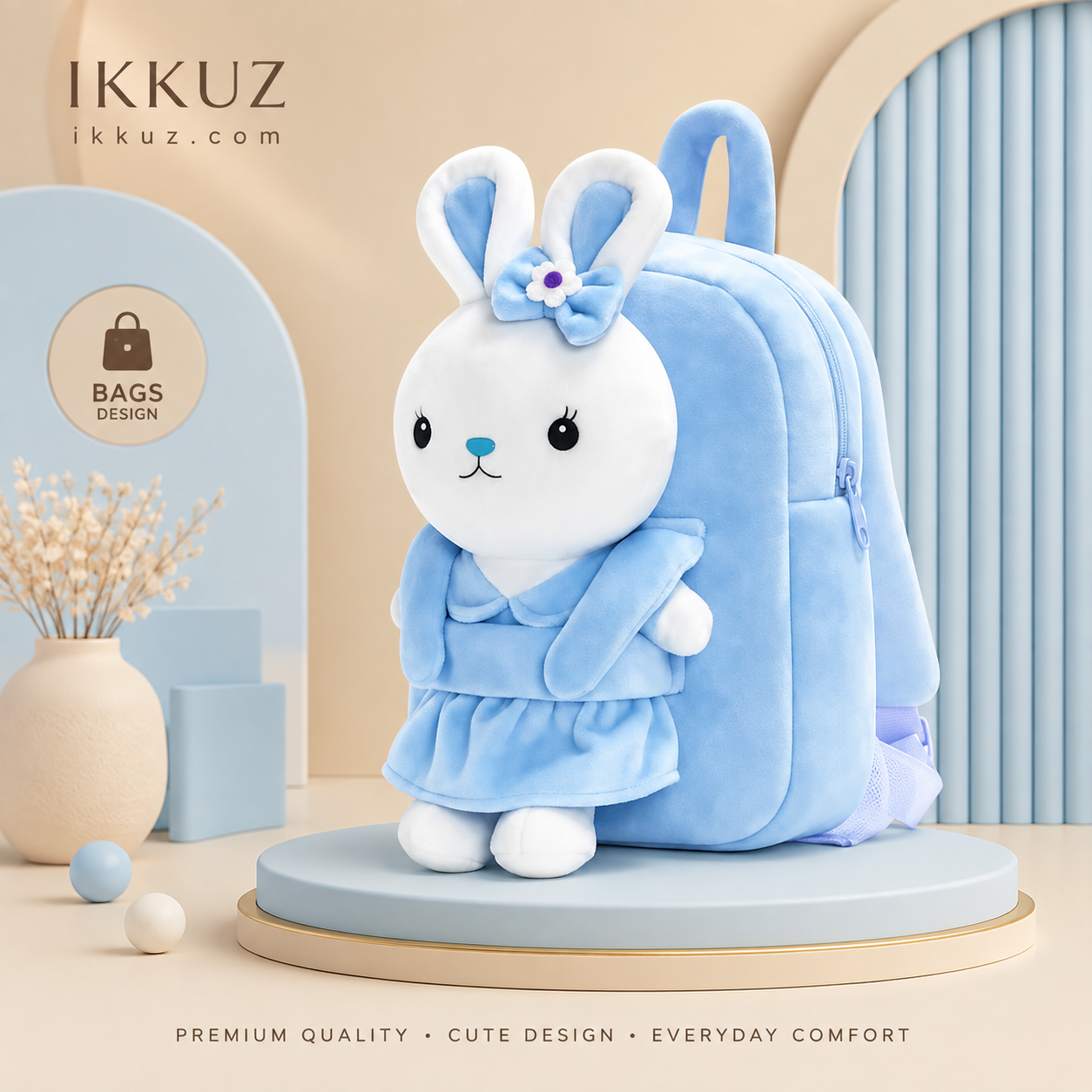 Premium Plush Bunny Kids Backpack – Soft Velvet School Bag for Toddlers, Nursery &amp; Preschool (Sky Blue)