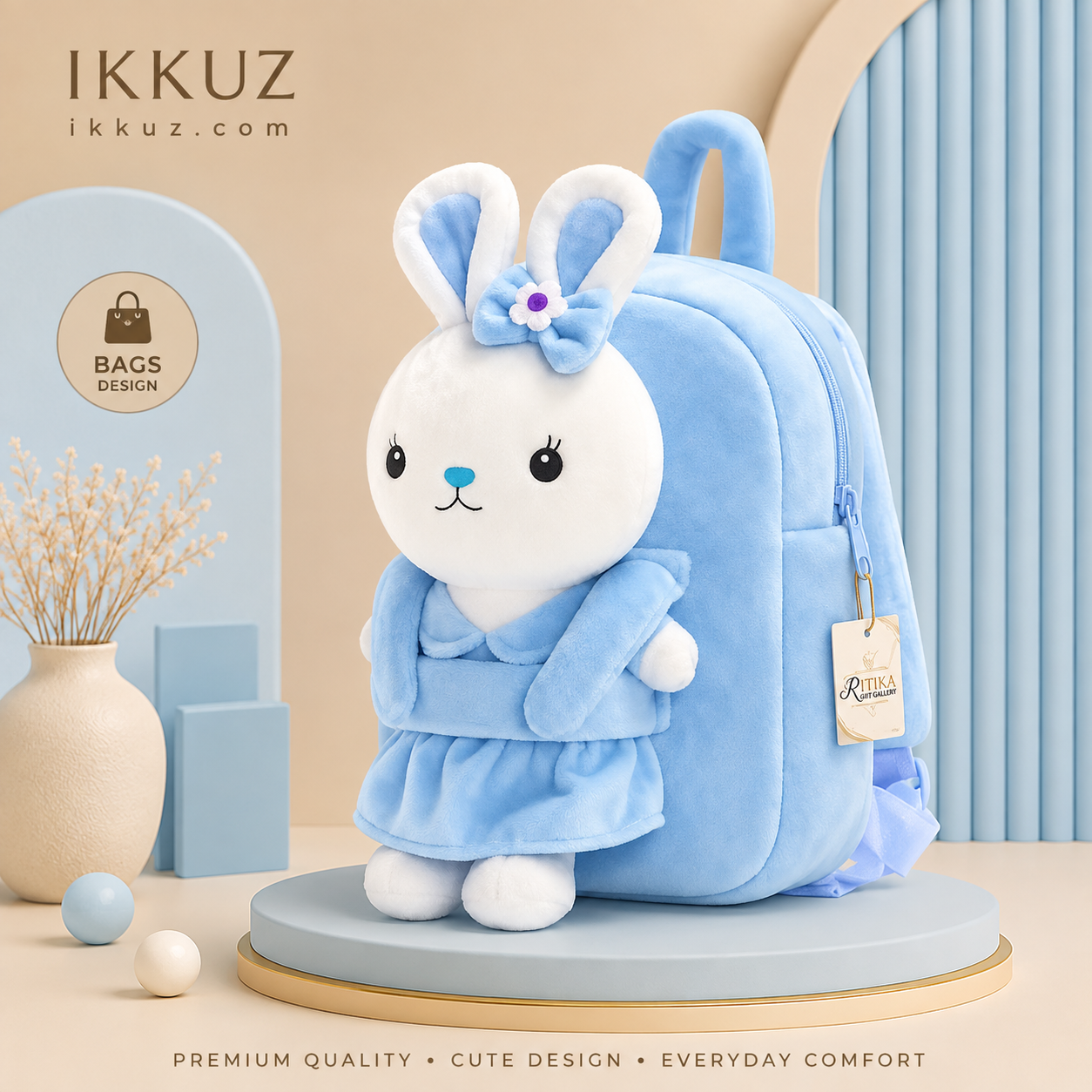 Premium Plush Bunny Kids Backpack – Soft Velvet School Bag for Toddlers, Nursery &amp; Preschool (Sky Blue)