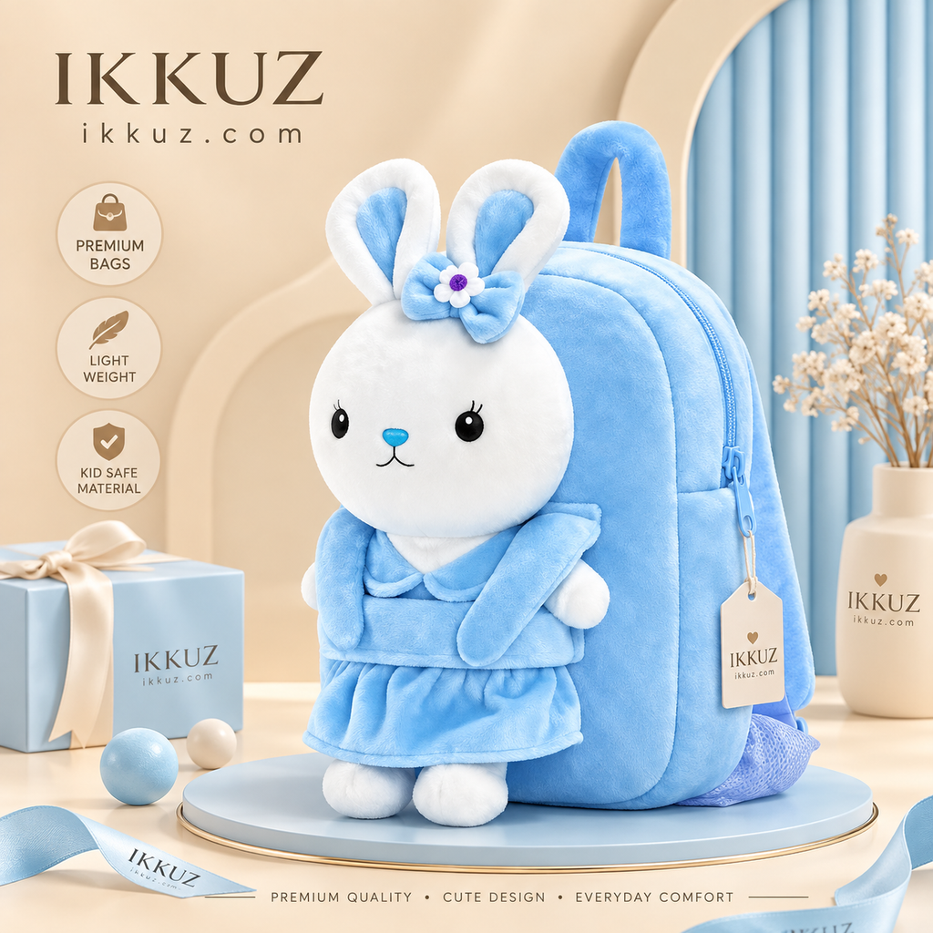 Premium Plush Bunny Kids Backpack – Soft Velvet School Bag for Toddlers, Nursery &amp; Preschool (Sky Blue)