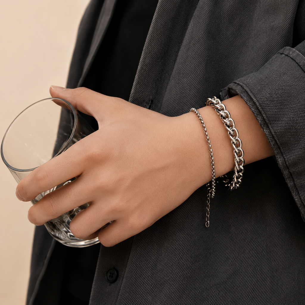 Premium Double Chain Stainless Steel Bracelet for Men | Silver Plated Adjustable Chain Bracelet