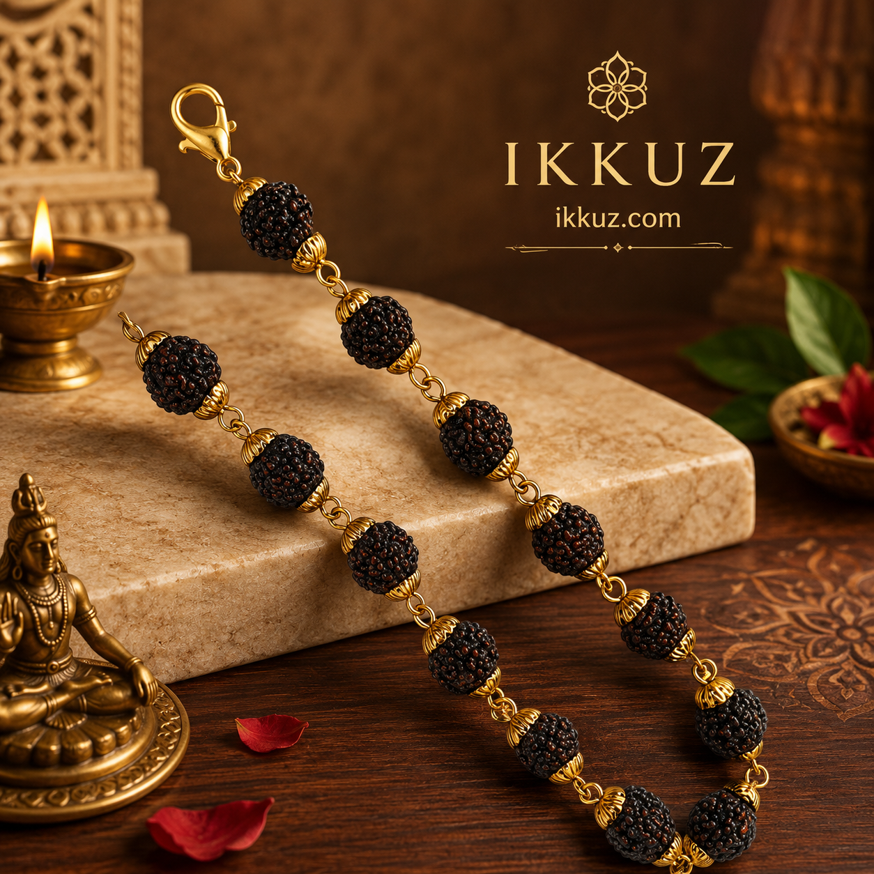 Premium Gold Plated Rudraksha Beaded Bracelet for Men | Adjustable Spiritual Bracelet with Certificate