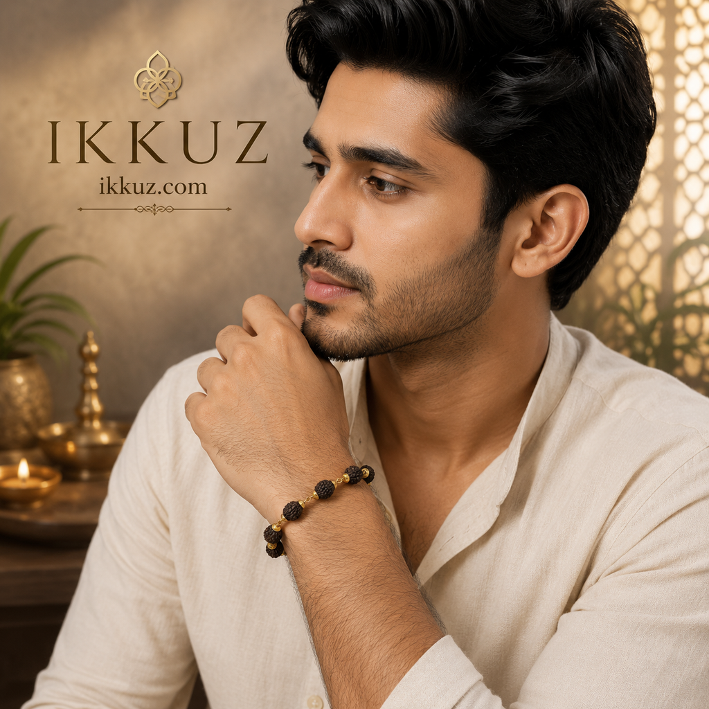 Premium Gold Plated Rudraksha Beaded Bracelet for Men | Adjustable Spiritual Bracelet with Certificate