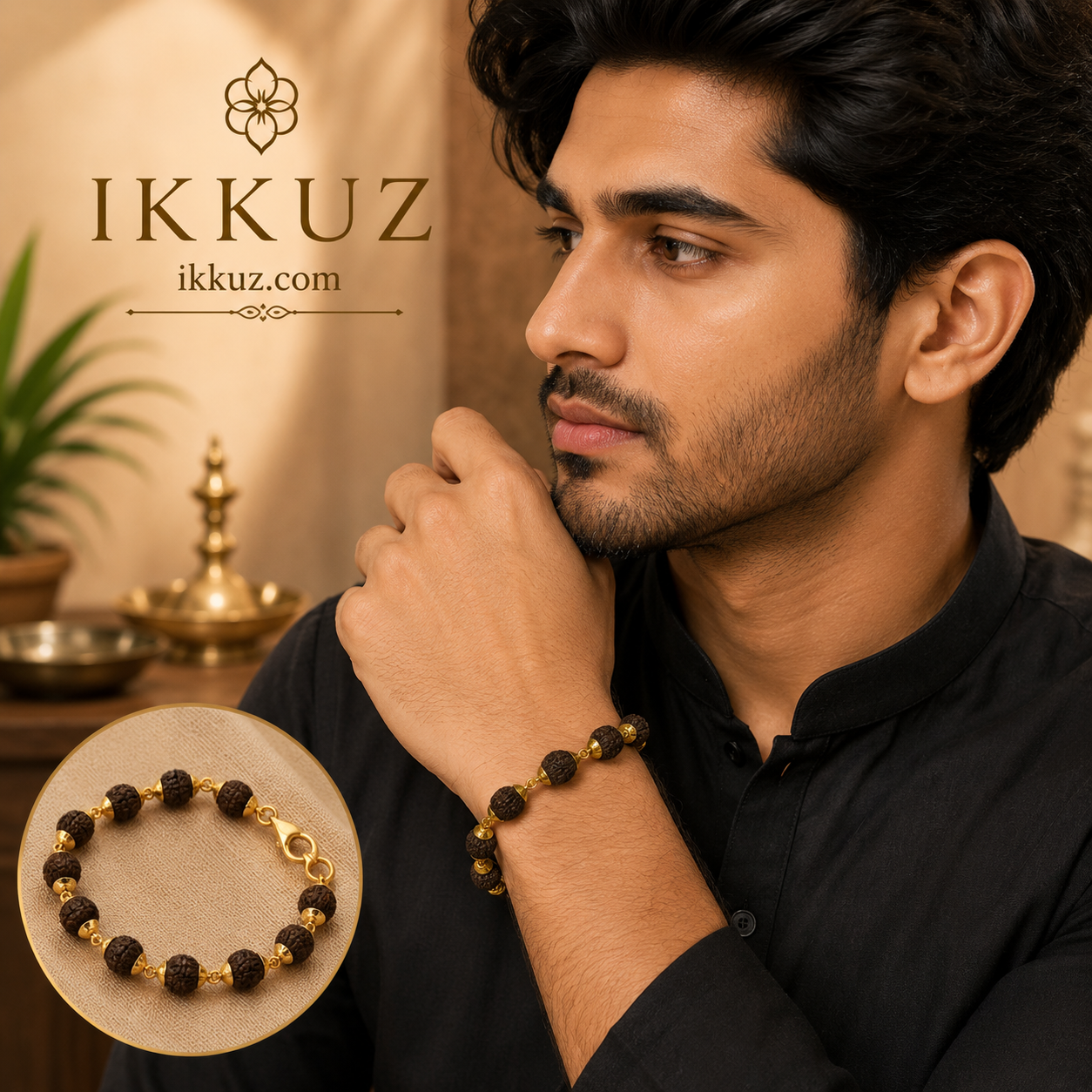 Premium Gold Plated Rudraksha Beaded Bracelet for Men | Adjustable Spiritual Bracelet with Certificate
