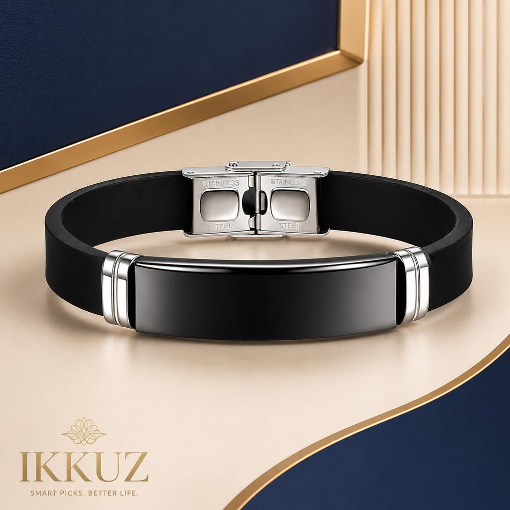 Black Stainless Steel Leather Bracelet for Men | Minimal Stylish Wrist Band | Casual Fashion Bracelet | Perfect Gift for Men &amp; Boys