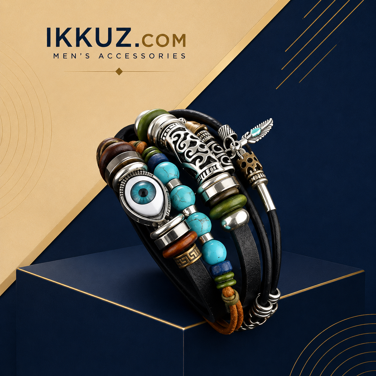 LuxeShield Men's Leather Evil Eye Charm Bracelet | Adjustable Oxidized Silver Beaded Wrist Band
