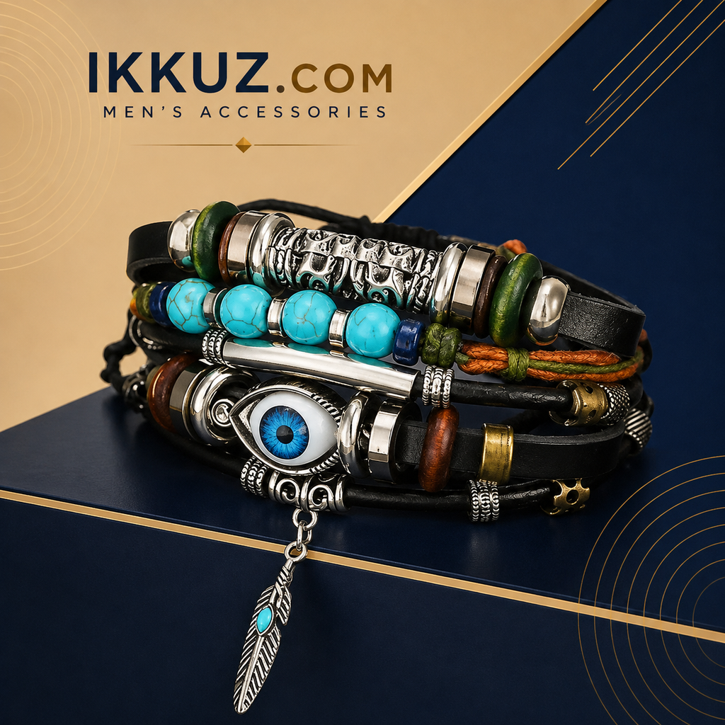 LuxeShield Men's Leather Evil Eye Charm Bracelet | Adjustable Oxidized Silver Beaded Wrist Band