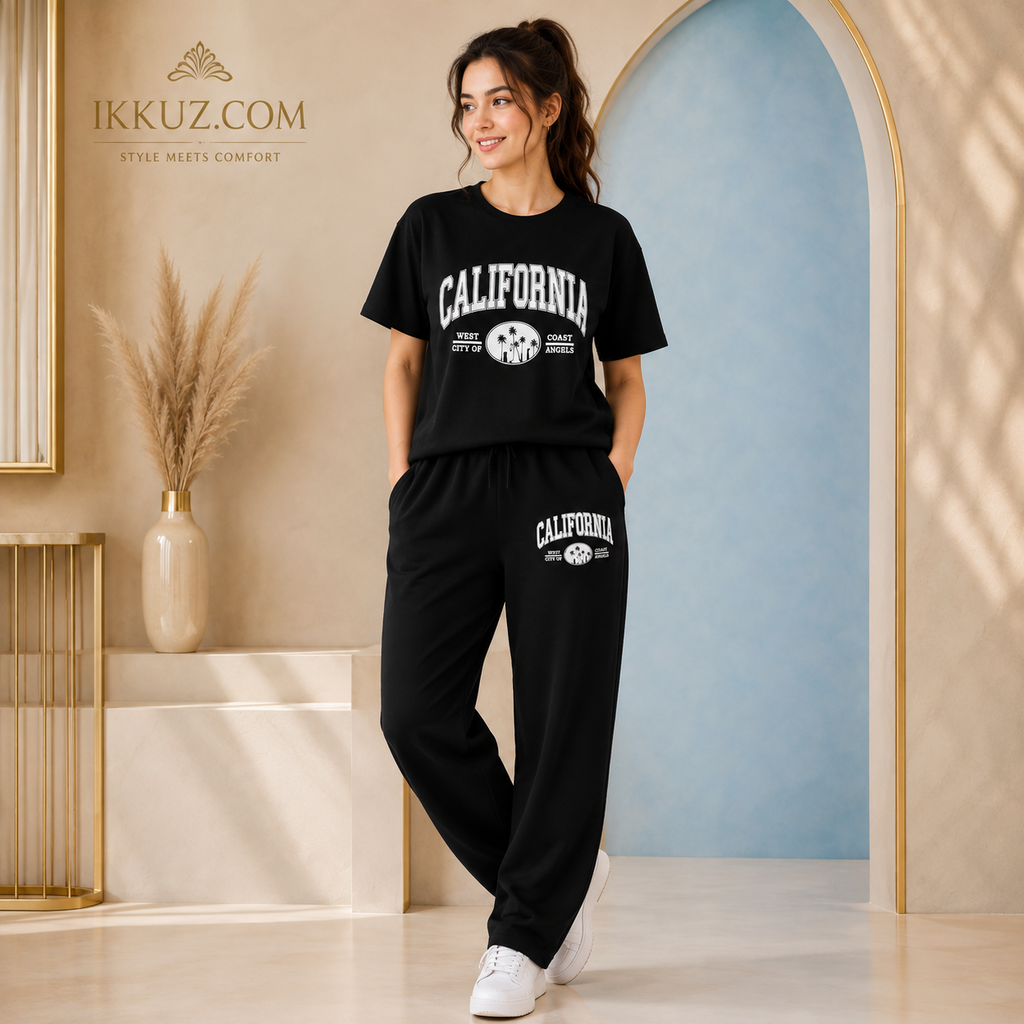 Women's Premium California Cotton Blend Co-Ord Set | Casual Graphic T-Shirt &amp; Relaxed Fit Wide-Leg Pants | Soft Lounge &amp; Sportswear