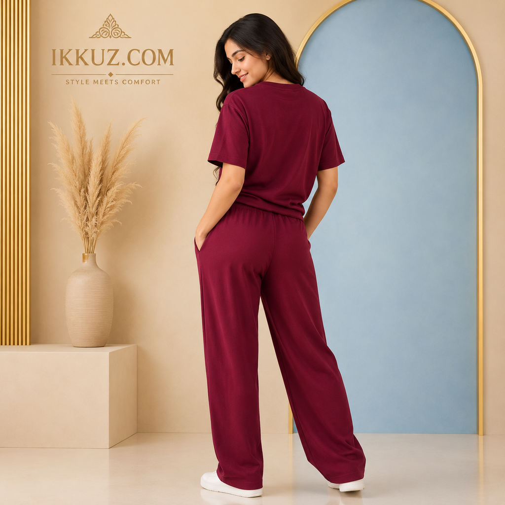 Women's Premium California Cotton Blend Co-Ord Set | Casual Graphic T-Shirt &amp; Relaxed Fit Wide-Leg Pants | Soft Lounge &amp; Sportswear