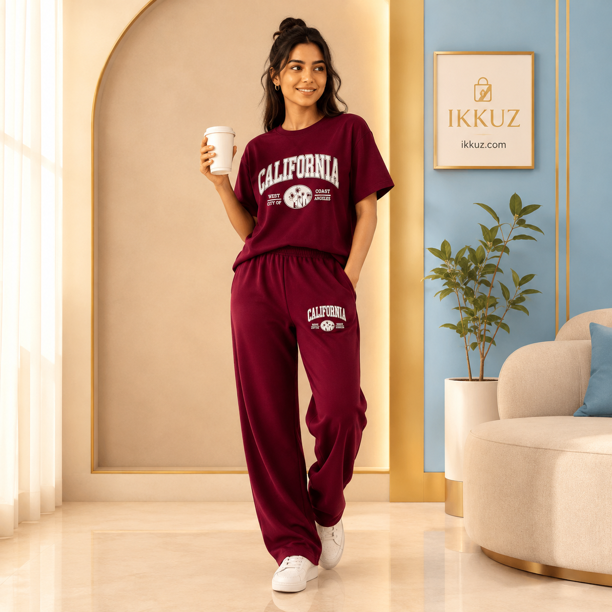 Women's Premium California Cotton Blend Co-Ord Set | Casual Graphic T-Shirt &amp; Relaxed Fit Wide-Leg Pants | Soft Lounge &amp; Sportswear