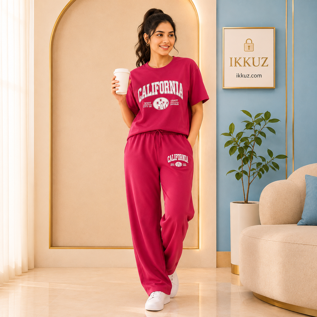 Women's Premium California Cotton Blend Co-Ord Set | Casual Graphic T-Shirt &amp; Relaxed Fit Wide-Leg Pants | Soft Lounge &amp; Sportswear
