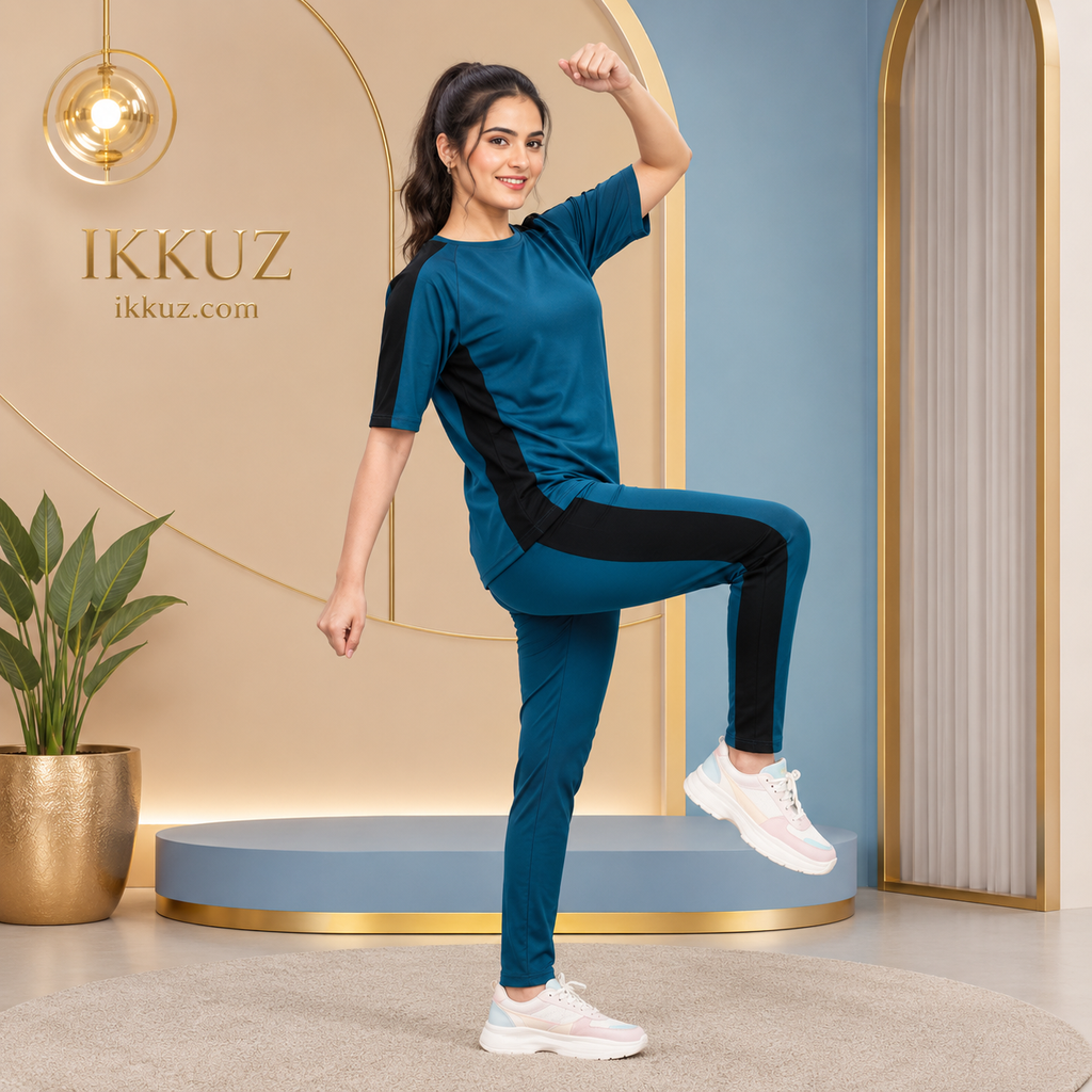 Women's Premium Cotton Blend Sports Track Suit | Color Block Gym, Yoga, Running &amp; Casual Wear – Blue