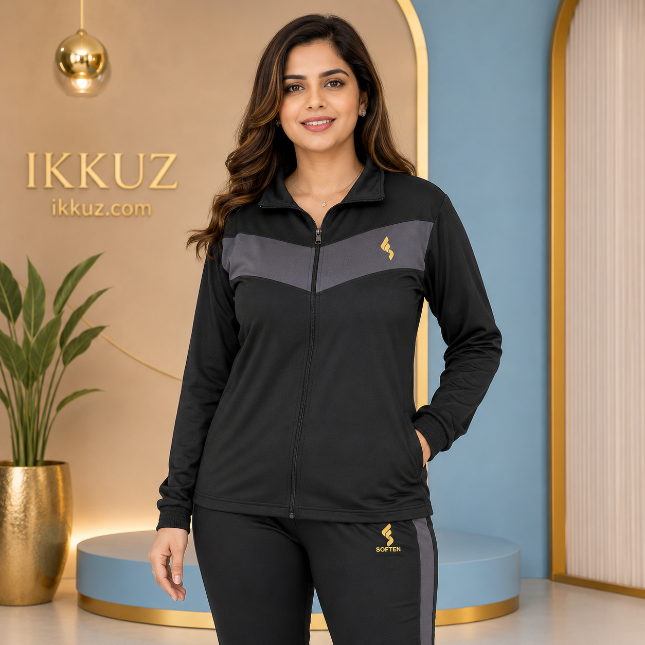 Women's Premium Polyester Tracksuit | Stylish Gym, Yoga &amp; Sports Wear | Front Zip Top &amp; Track Pant – Black