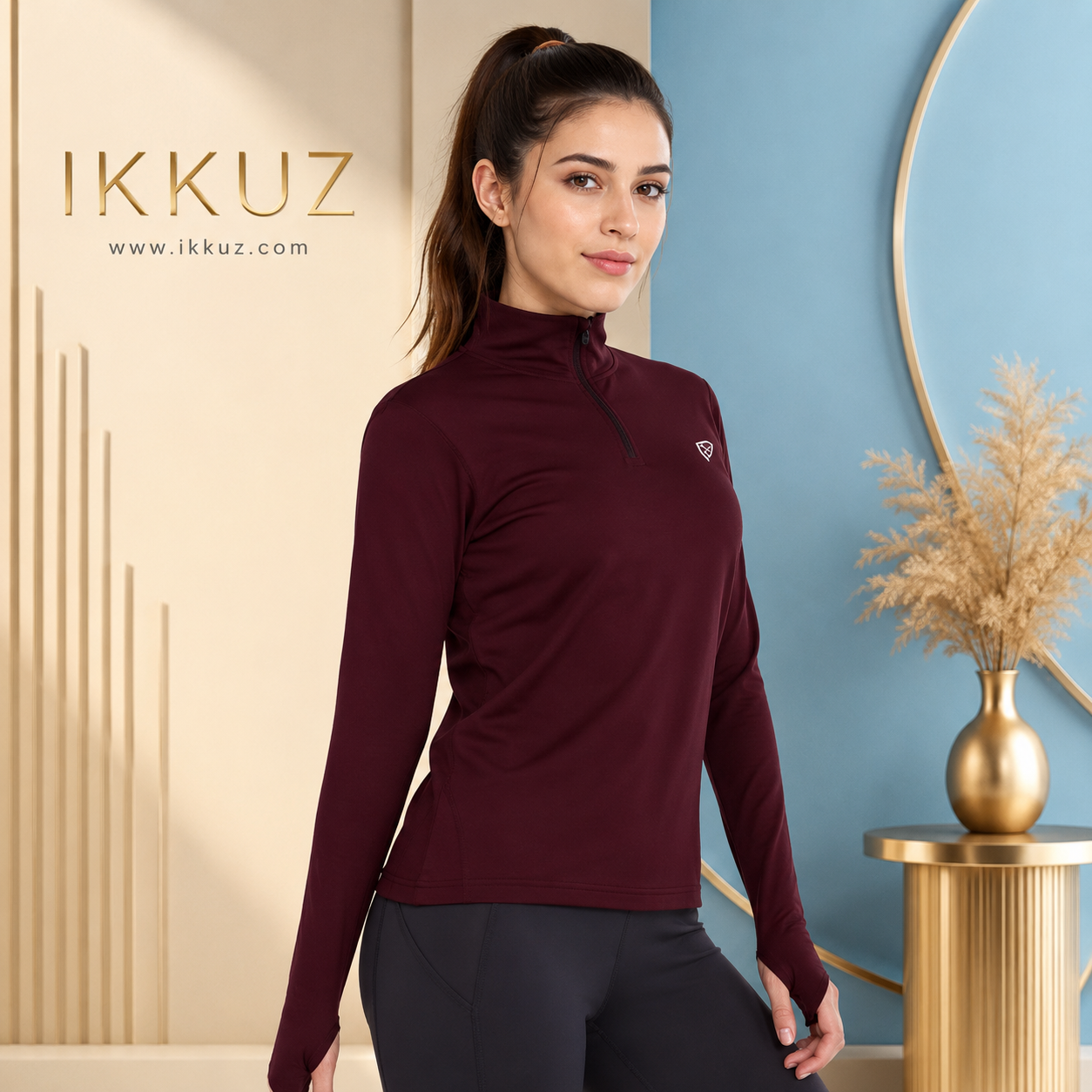Women’s Relax Fit High Neck Thumb Hole Sleeve Sports Top – Comfort Activewear
