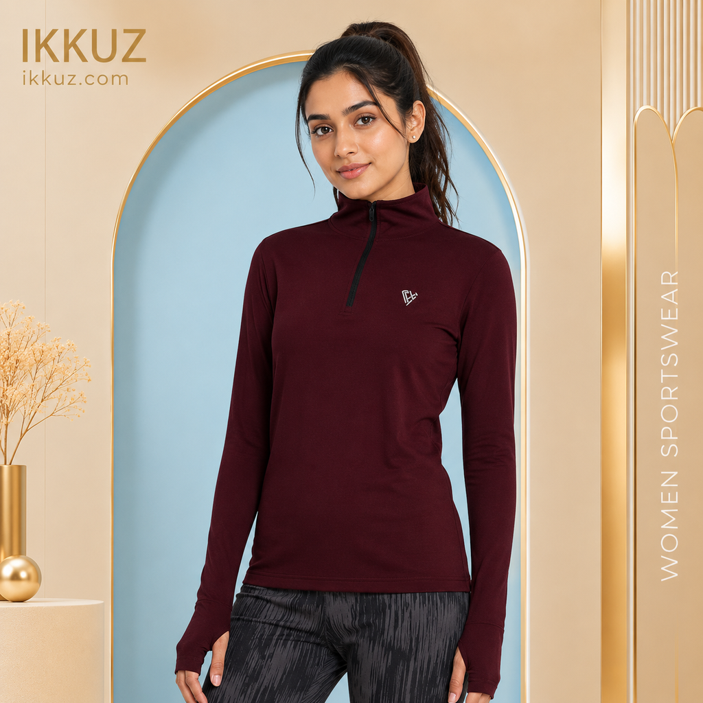 Women’s Relax Fit High Neck Thumb Hole Sleeve Sports Top – Comfort Activewear