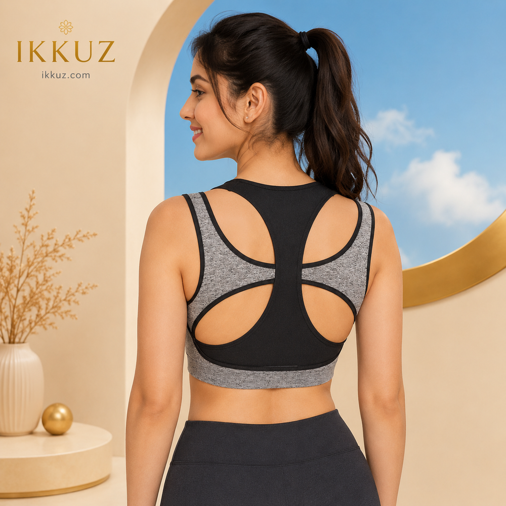 Qidrezy Women’s High Impact Padded Sports Bra – Double Support Workout &amp; Gym Bra, Black/Grey
