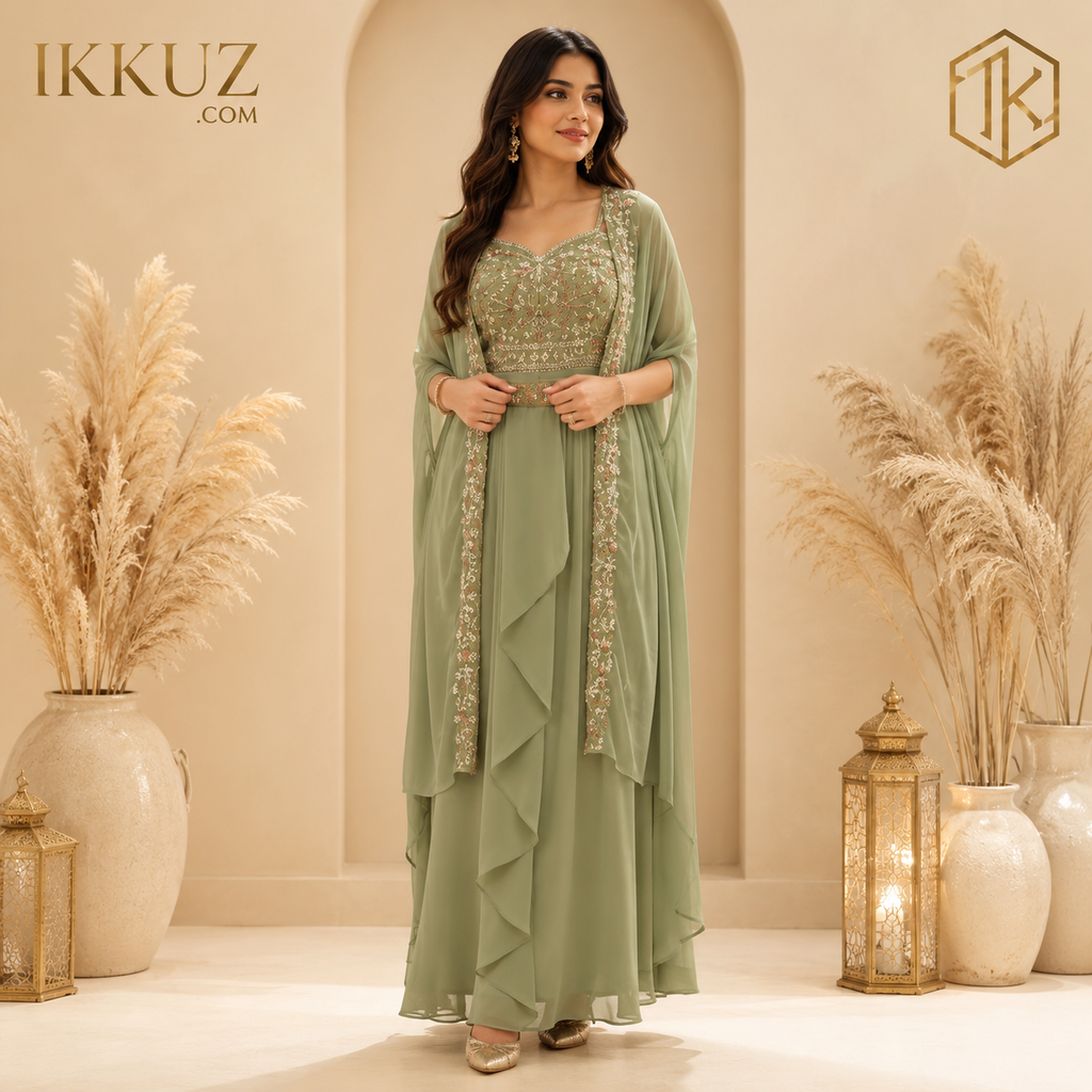LushMint Embroidered Georgette Cape Lehenga Choli Set | Premium Designer Ready-to-Wear Party