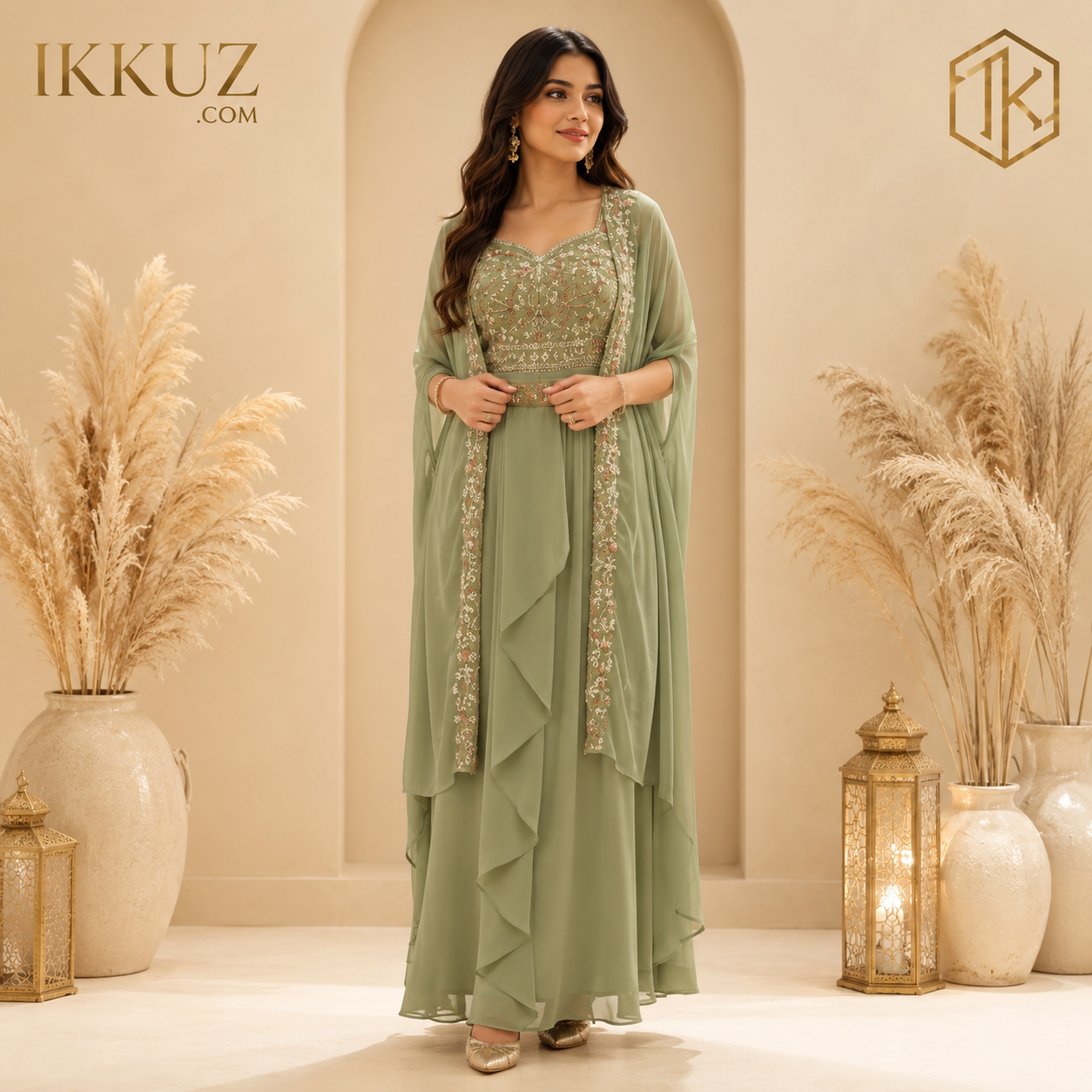 LushMint Embroidered Georgette Cape Lehenga Choli Set | Premium Designer Ready-to-Wear Party