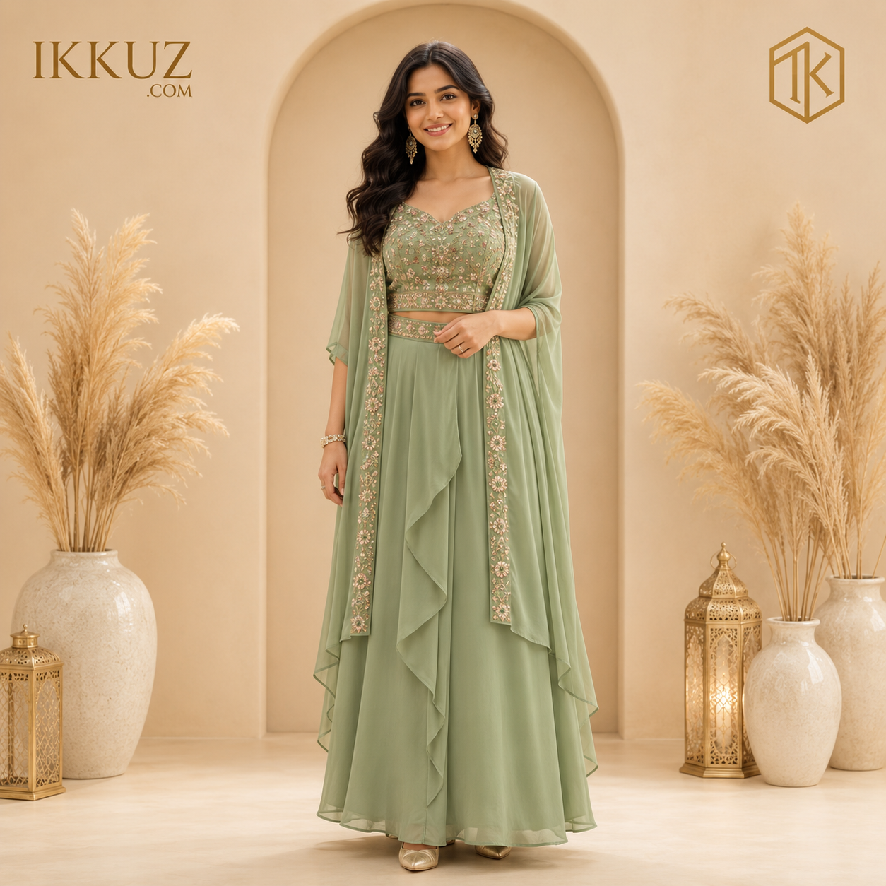 LushMint Embroidered Georgette Cape Lehenga Choli Set | Premium Designer Ready-to-Wear Party