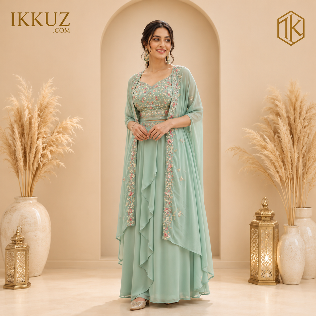 LushMint Embroidered Georgette Cape Lehenga Choli Set | Premium Designer Ready-to-Wear Party