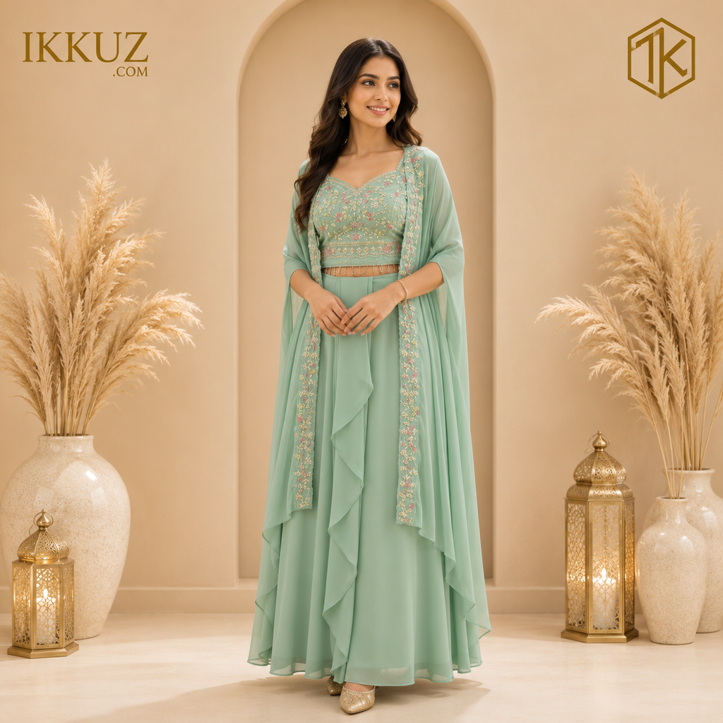 LushMint Embroidered Georgette Cape Lehenga Choli Set | Premium Designer Ready-to-Wear Party