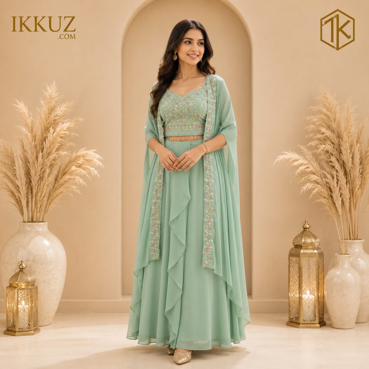 LushMint Embroidered Georgette Cape Lehenga Choli Set | Premium Designer Ready-to-Wear Party