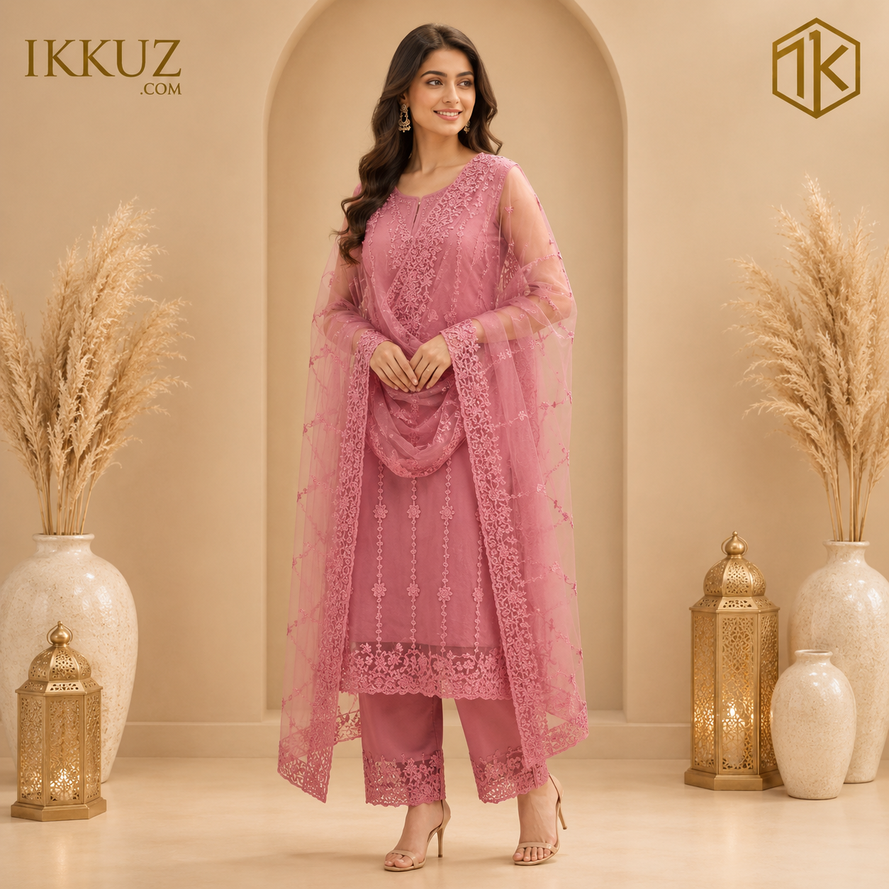 Roselle Peach Embroidered Net Kurta Pant Set with Dupatta | Premium Party Wear Ethnic Set
